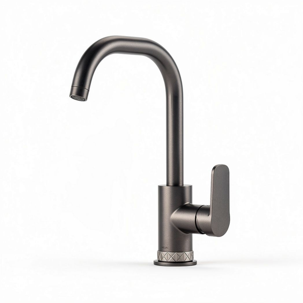 Rubinetto da cucina in acciaio inox nero con maniglia rossa e altezza 30 cm