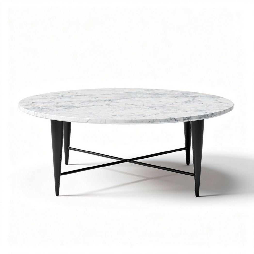 Tavolino da caffè rotondo in marmo bianco e metallo nero 100 x 100 x 40cm