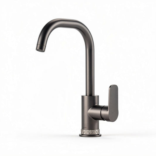 Rubinetto da cucina in acciaio inox nero con maniglia rossa e altezza 30 cm