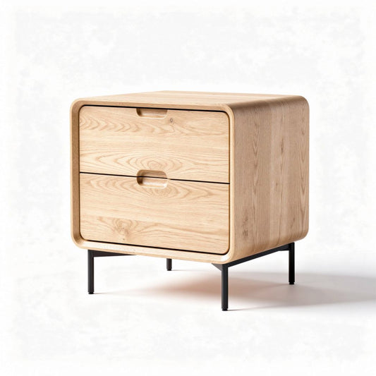 Comodino in legno naturale con due cassetti e struttura in metallo nero 45 x 45 x 40cm