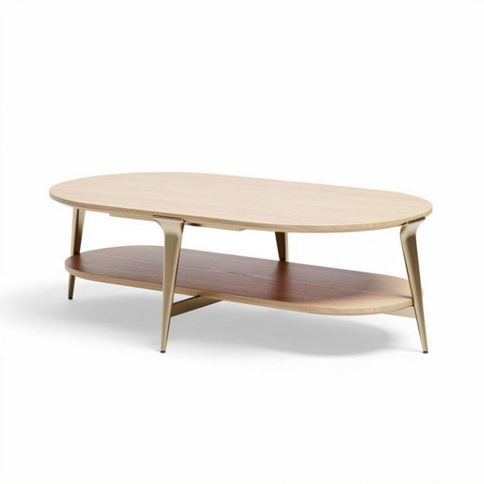Tavolino da caffè ovale in legno di faggio con ripiano inferiore 150 x 80 x 45cm